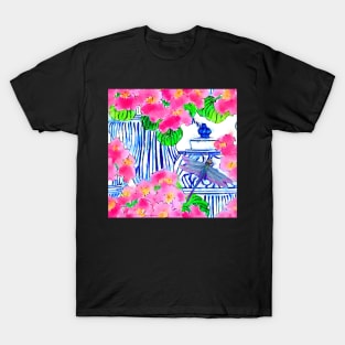 Dragonfly and chinoiserie jars with pink pansies T-Shirt